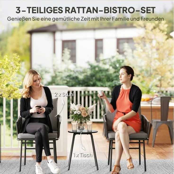 Essstuhl-Set mit Tisch 40x40x49 cm und Stühlen 58x63x69 cm, Grau, Stahlrahmen, Rattan, abnehmbare Bezüge – Bild 3