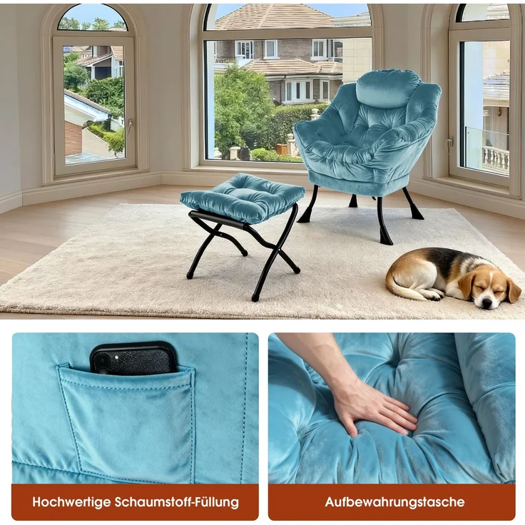 Loungesessel Set mit Hocker, Polyester Bezug, Metallgestell, bis 150kg, ergonomisch, klappbar, für Wohnzimmer Garten,Blau – Bild 4