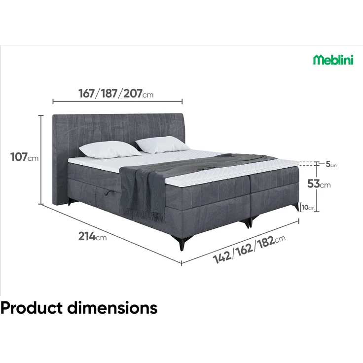 MEBLINI Boxspringbett NANI 180x200cm - H3P/Dunkelgrau Samt - mit Bettkasten - Polsterbett - Doppelbett mit Topper & Taschenfederkern-Matratze – Bild 7