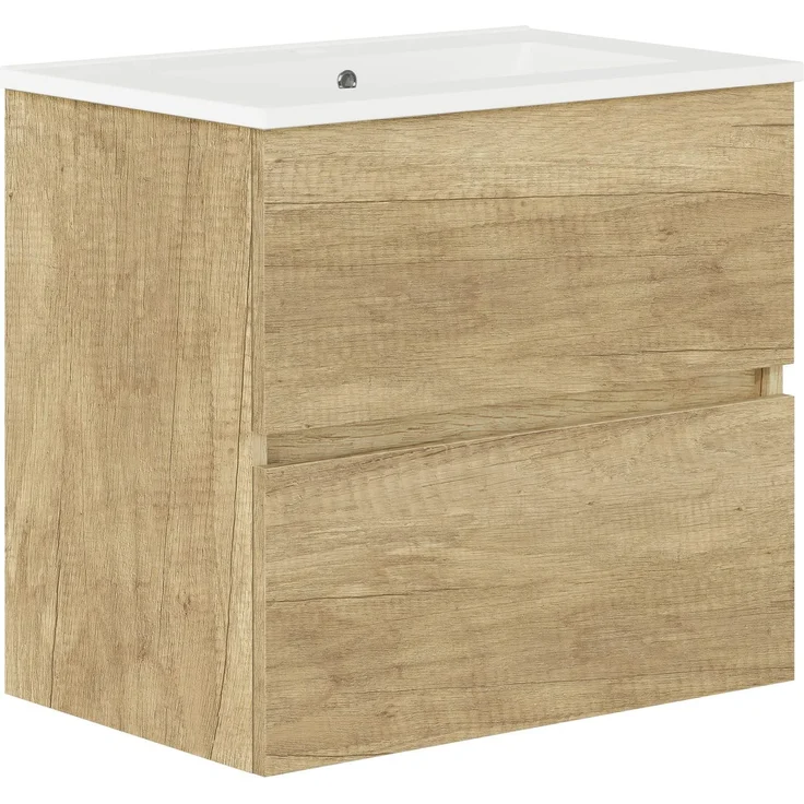 Baikal, Natura Badezimmermöbel mit reduziertem Boden, mit Keramikwaschbecken, Aufteilung mit Zwei Schubladen, montierter Schrank, Zwei Schubladen ohne Spiegel, Tiefe 39 cm, 70 cm, Natur