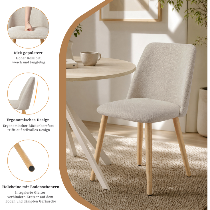 GOEURVANT 1001 Esstisch Set rund Ø 100 cm in Travertin-Optik weiß, Küchentisch mit 4 Stühlen in Beige – Bild 10