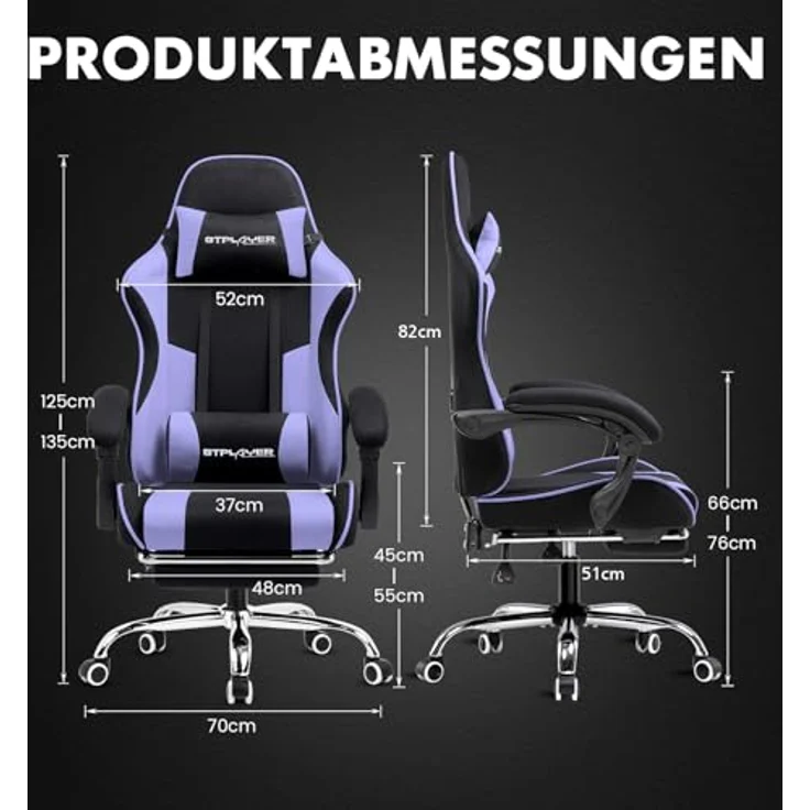 GTPLAYER Gaming Stuhl, Bürostuhl, Ergonomischer Pc Stuhl, Gaming Sessel mit Massagelendenwirbelstütze, Task Stühle mit Fußstütze und Kopfstütze, Lila Stoff – Bild 4