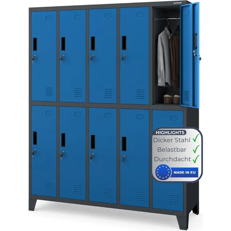 Umkleideschrank Spind BERLIN - 10 Abteile, Etikettenhalter Lüftungsschlitze | Umkleidespind Schließfachschrank Garderobenspind, 172x136x45cm Anthrazit-Blau