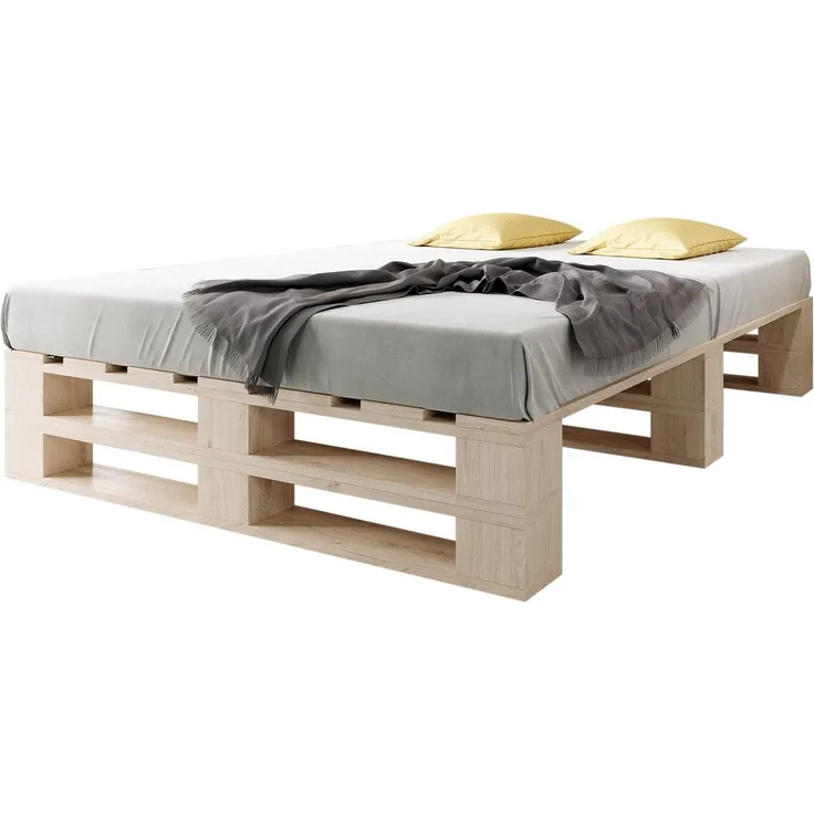 sunnypillow Palettenbett M2 aus Holz 140x200 cm mit Lattenrost, Doppelbett, Familienbett - erhöhtes Ehebett Bettgestell Futonbett Komforthöhe Naturholz Massivholzbett