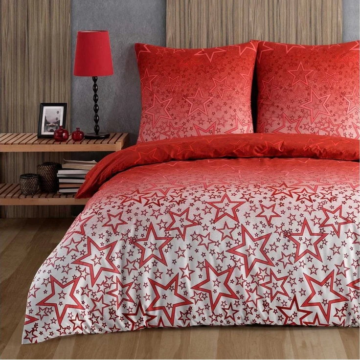 Buymax Bettwäsche Bettbezug-Set, Renforce: 100% Baumwolle, 3 teilig, 200x200 cm, mit Reißverschluss, Sterne Muster, Weiß Rot – Bild 2