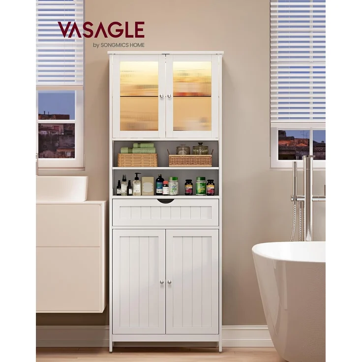 VASAGLE Badezimmerschrank mit LED-Beleuchtung, Badschrank, Aufbewahrungsschrank mit verstellbaren Ablagen, Schublade, offenen Fächern, für Badezimmer, Wohnzimmer, Esszimmer, wolkenweiß BBC767W03 – Bild 2