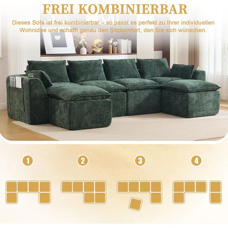 Modulares Sofa 322x161x75 cm aus grünem Chenille mit Seitentaschen und Hockerelement – Bild 7
