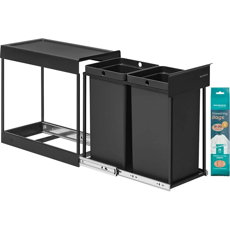 SONGMICS Mülleimer küche, Mülltrennsystem für Unterschrank, 2 x 15 L, Abfalleimer 2 Fächer, ausziehbar, Stahlrahmen, ABS-Deckel, tintenschwarz – Bild 1