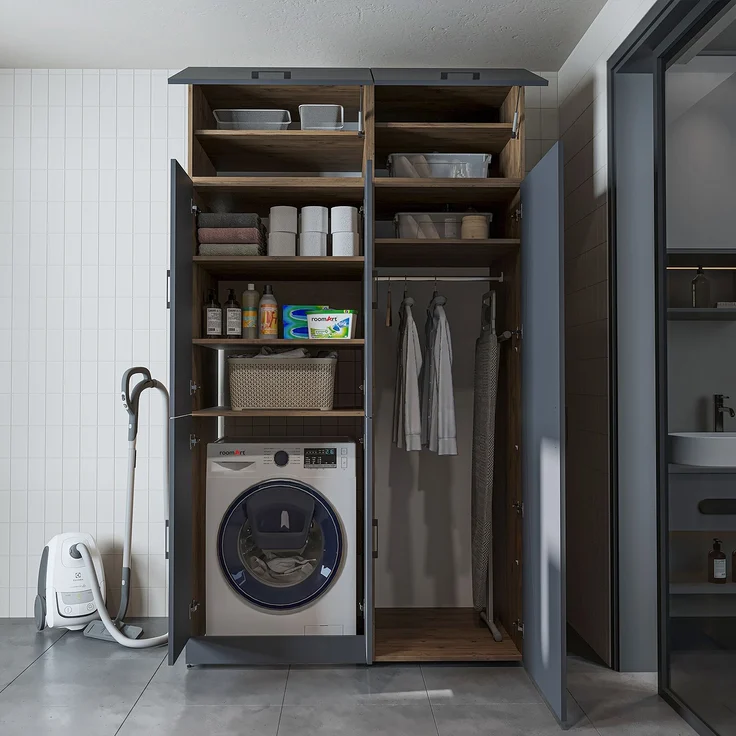 Roomart Waschmaschinenschrank- DORA-II- 130 cm breit – Waschmaschinen- & Trockner-Überbau mit Türen und Ausziehplatte, Bad & Waschküche • Anthrazit-Eiche – Bild 5