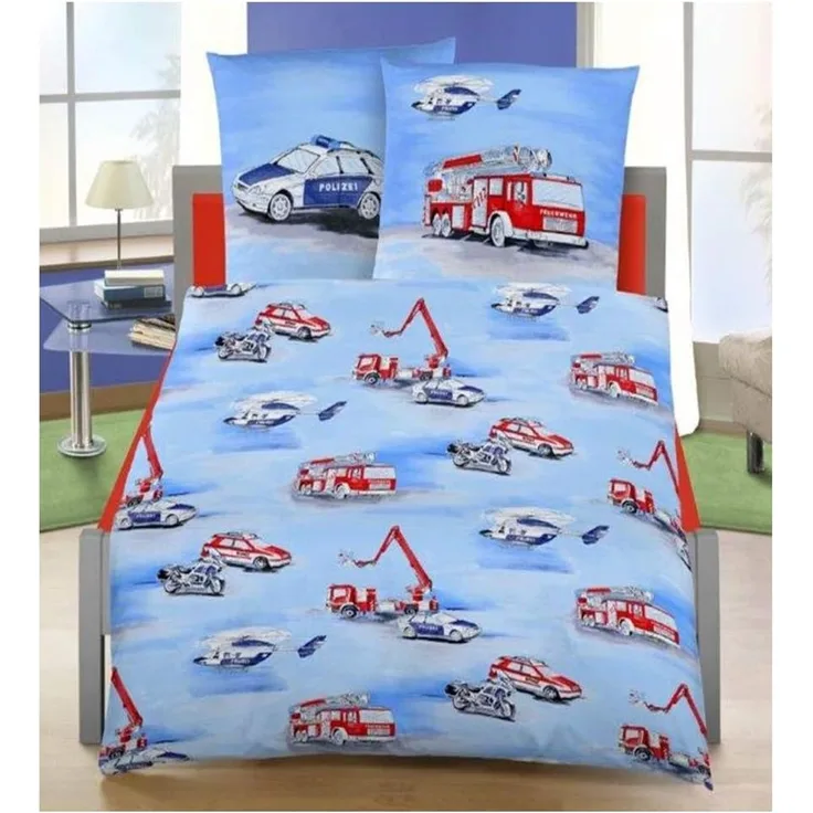 MTOnlinehandel Kinderbettwäsche Polizei & Feuerwehr 135x200 + 80x80 cm, 100 % Baumwolle, Biber, 2 teilig, Autos & Hubschrauber & Motorräder Bettwäsche