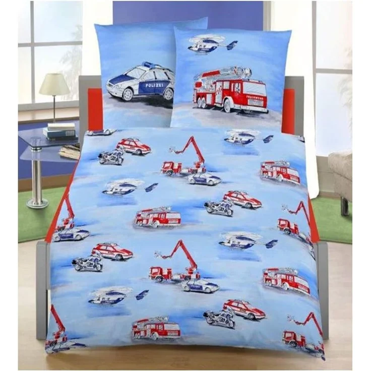 MTOnlinehandel Kinderbettwäsche Polizei & Feuerwehr 135x200 + 80x80 cm, 100 % Baumwolle, Biber, 2 teilig, Autos & Hubschrauber & Motorräder Bettwäsche – Bild 1
