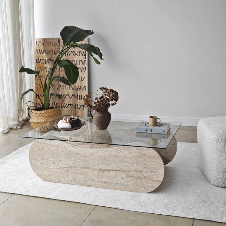 Modern Coffee Table, 105 cm Width, 35 cm Height, 65 cm Depth | 100% Tempered Glass & Melamine Coated Frame | Elegant Travertine & Transparent Design – Bild 1