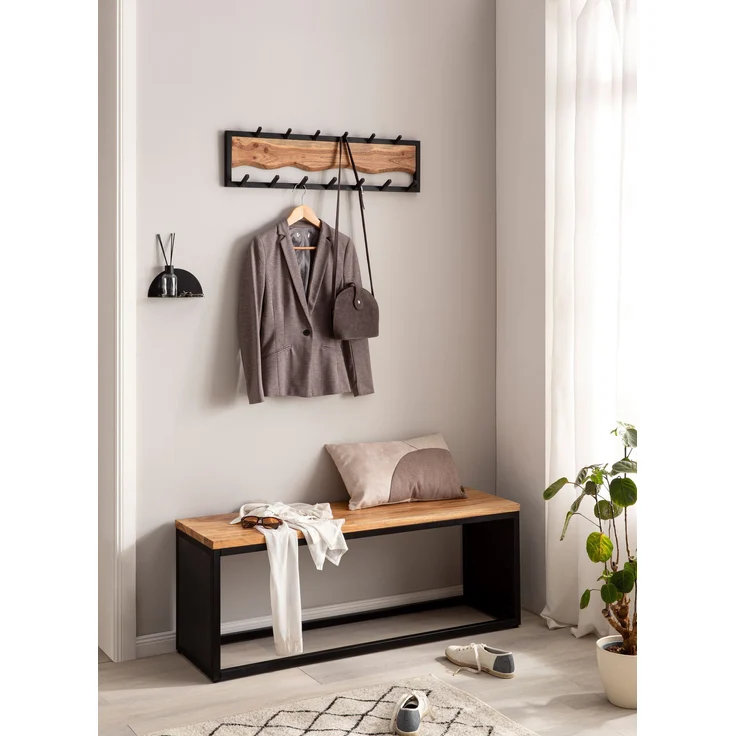 Wandgarderobe Akazie Massivholz Metall 80x20x8cm Hakenleiste Wellenmuster – Bild 2