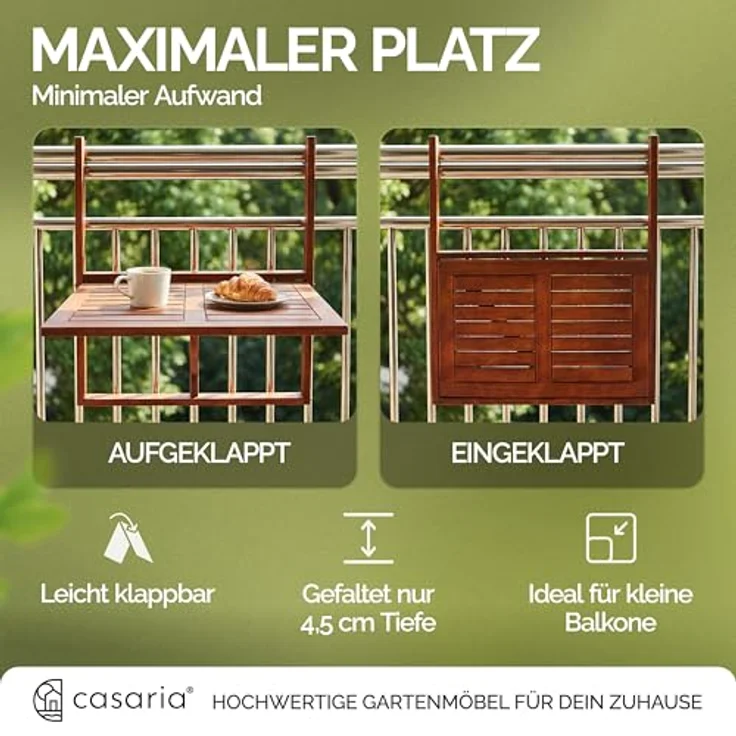 Casaria Balkonhängetisch Akazie (1-St), klappbar Holz FSC®-zertifiziert 40kg Belastbar Balkon Geländer Akazie – Bild 7