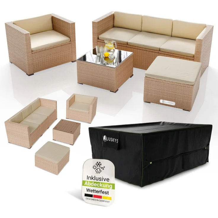Juskys Polyrattan Lounge Punta Cana L creme inkl. Abdeckung – Gartenlounge für 4-5 Personen – Sitzgruppe mit Sessel, Sofa, Tisch & Hocker - Sitzbezüge sand – Bild 1