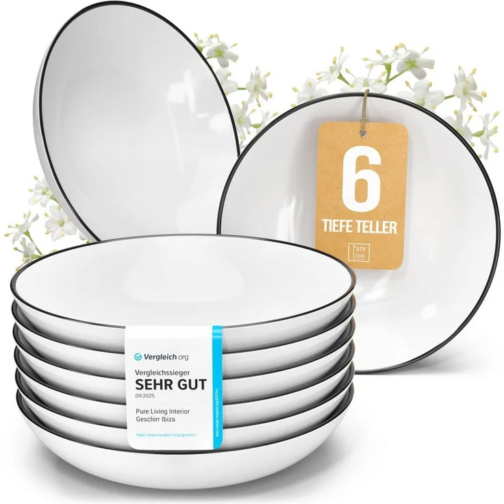 PURE LIVING INTERIOR DESIGN Geschirr-Set Scandi Suppenteller, Dinnerteller, 6er-Set, 20 cm, Weiß/Schwarz (6-tlg), 6 Personen, Porzellan – Bild 1