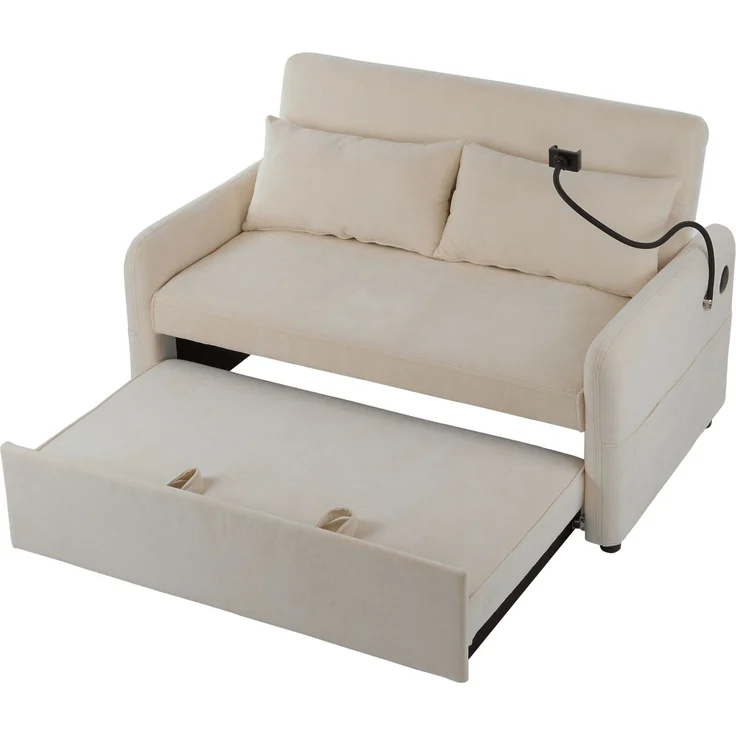 Ausziehbares Schlafsofa 2-Sitzer mit USB-Anschluss & verstellbarer Rückenlehne mit Kissen und Stauraumtaschen,multifunktionales,Beige – Bild 9