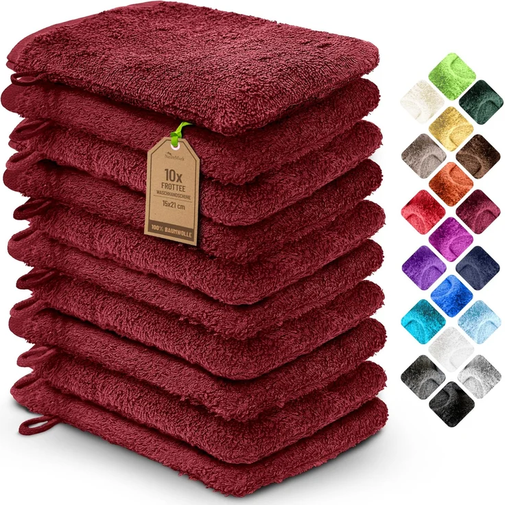 NatureMark 10x Waschhandschuhe aus Frottee 100% Baumwolle – Weich und Robust, Ideal für die tägliche Pflege und Gäste – Bordeaux Rot, 15x21 cm