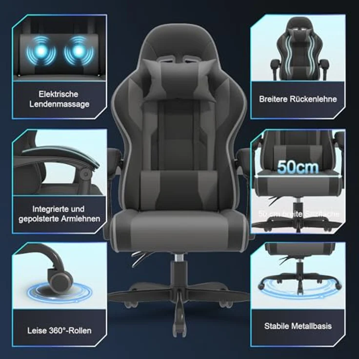 JUMMICO Gaming Stuhl mit Massagefunktion & 135° Rückenlehne, Ergonomischer Bürostuhl für Gaming und Homeoffice, Gaming Bürostuhl Belastbar bis 150 kg, Grau – Bild 8