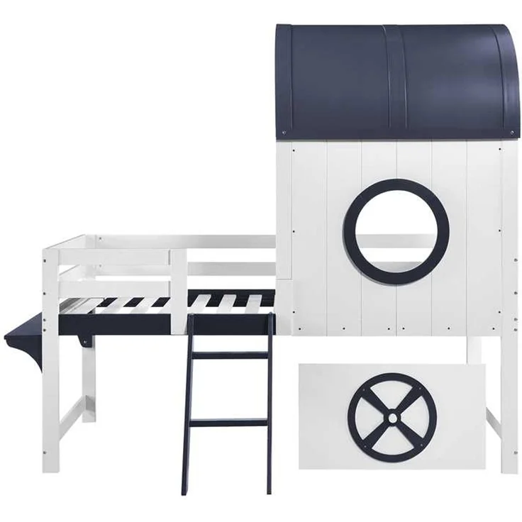Halbhohes Kinderbett 90×200 cm mit Dach, Fenstern und Schublade, Weiß/Dunkelblau, ohne Matratze – Bild 4