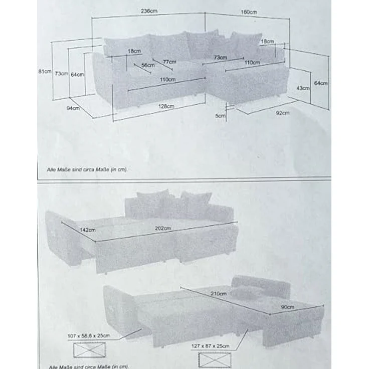 Ecksofa L-Form Couch Polsterecke Schlaffunktion Bettkasten Cord Dunkelgrau – Bild 3