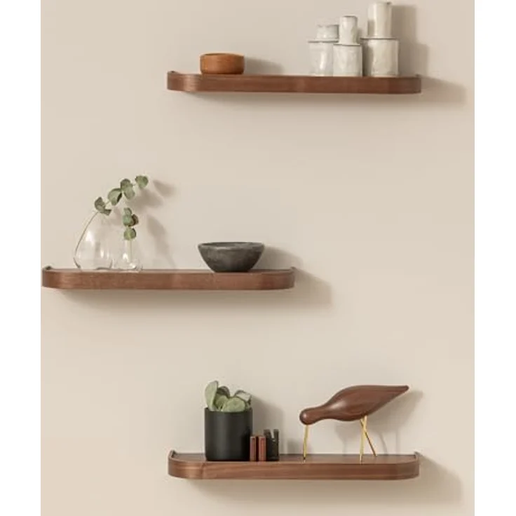Kazai.® Wandregal-Set 'Toke' | 3 Hängeregale in Echtholz-Veneer | Schwebendes Holzregal als Wanddeko und Ablage für Bad, Wohnzimmer, Küche, Schlafzimmer und mehr | Walnuss – Bild 2