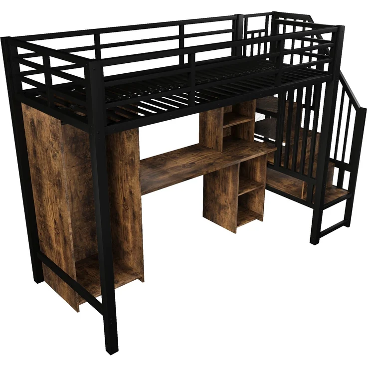 EINHOM Hochbett, 90 x 200 cm, Eisenrahmen, mit Stauraum, Kleiderschrank, Schreibtisch, Treppenkonstruktionen mit Stauraum, Schwarz (Ohne Matratze) – Bild 6