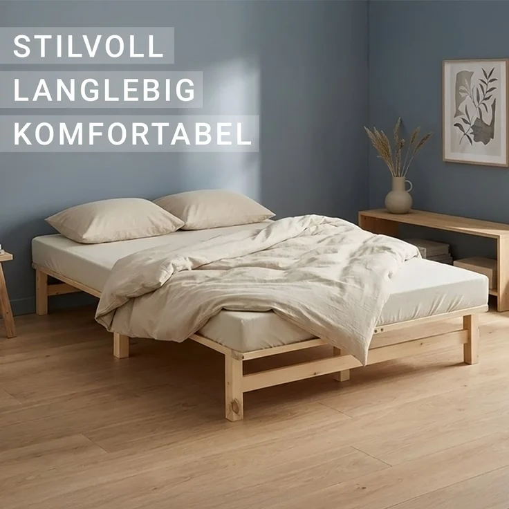 Holzbett 120x200 mit Matratze Doppelbett Holz Natur Bett Massiv Palettenbett Bettgestell Holzbettrahmen Lattenrost – Bild 6
