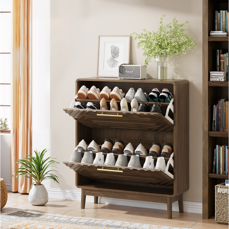 DESVIAE Garderobenschrank Schuhschrank Walnuss aus MDF –95 x 80 x 24 cm, 2 Kippfächer, offene Ablage – Bild 3