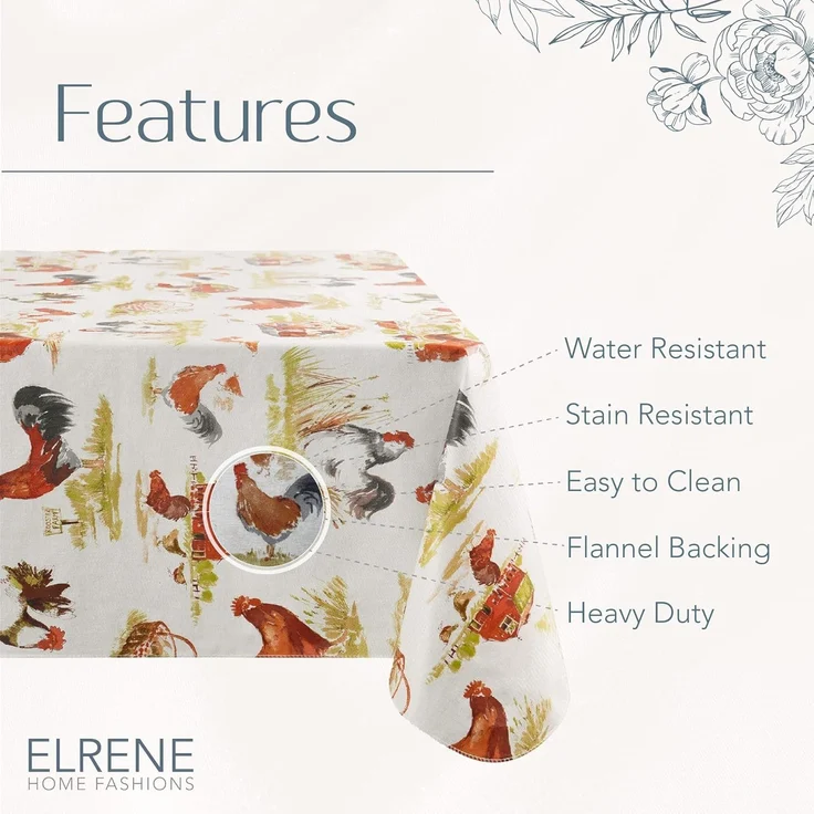 Elrene Home Fashions Vintage Hahn Country Farm Bedruckte Wasser- und schmutzabweisende Vinyl-Tischdecke für drinnen und draußen, Flanell-Rückseite, 132,1x177,8 cm, rechteckig – Bild 4