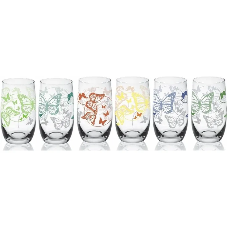 Sendez Longdrinkglas 6 Longdrinkgläser 320ml mit bunten Schmetterlingen Trinkgläser