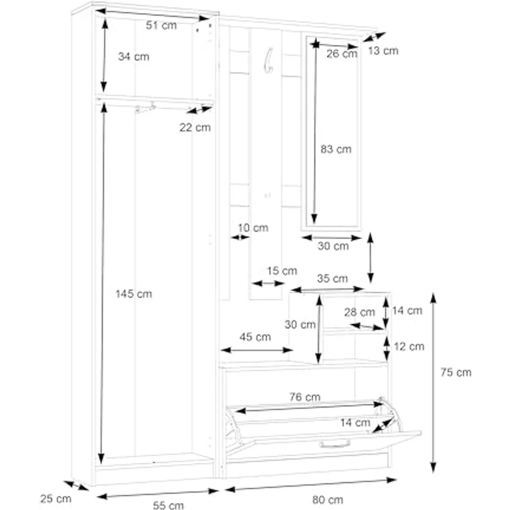 Forte NIKO Garderobenschrank 130 140, Skandi-Mehrzweckschrank, 2-türig, 1 Schublade, Spiegel, Haken, Flur, Sonoma Eiche Holzdekor, 135 cm breit x 190,8 cm hoch x 28 cm tief – Bild 8