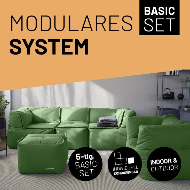 Lumaland Sitzsack-Lounge Modular Garnitur | 5-Teiliges Set | Indoor & Outdoor Sitz-Garnitur | Erweiterbar & Waschbare Sitzmöbel für Innenräume & Garten | Wasserfeste Chill-Out Lounge [Pastellgrün] – Bild 2
