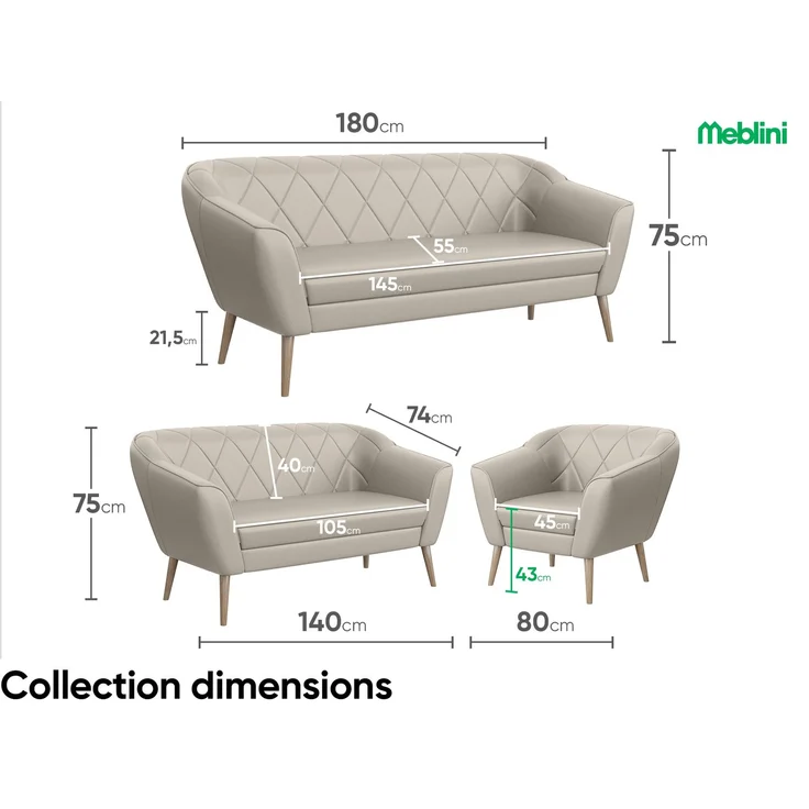 MEBLINI Sofa GISELA 3-Sitzer - Beige Kunstleder - für Wohnzimmer - Mini Lounge für drei Personen - Küchensofa - Sofa Klein – Bild 6
