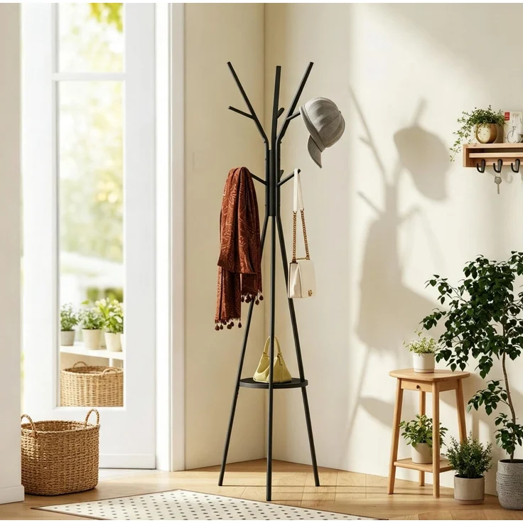 Garderobenständer 45 x 45 x 180 cm mit 9 Haken und Ablage – aus Metall und MDF, Schwarz – Bild 3
