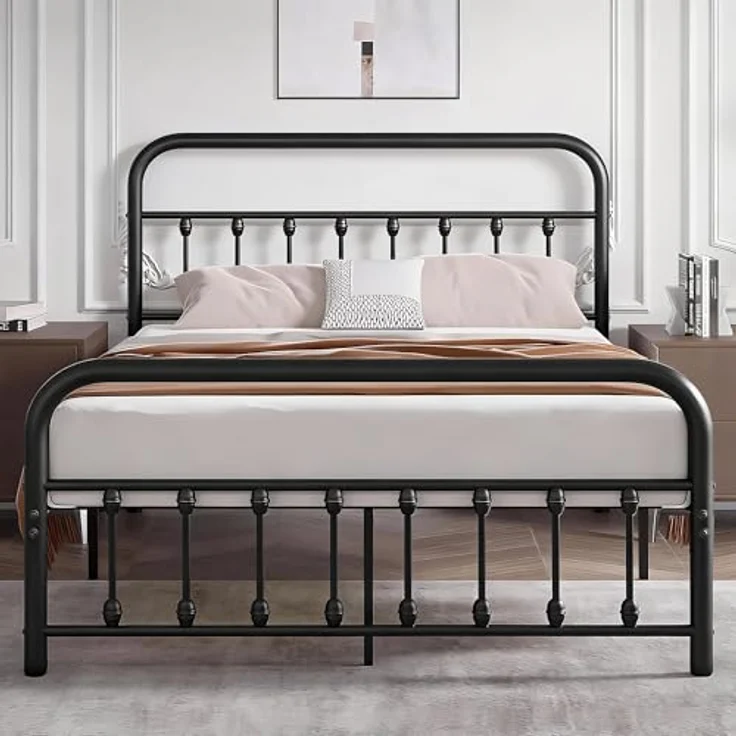 Metallbett 140x200 cm Bettrahmen mit Hohem Kopfteil, Stabiles Bettgestell Doppelbett aus Metall mit Lattenrost, Metall Gästebett Jugendbett, Viel Stauraum unter dem Bett, Schwarz – Bild 2