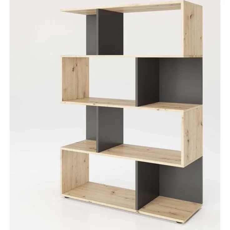 Shelfy - Bücherregal, Büroregal, Raumteiler mit 8 Fächern, asymmetrische Aufteilung, weiß/eiche