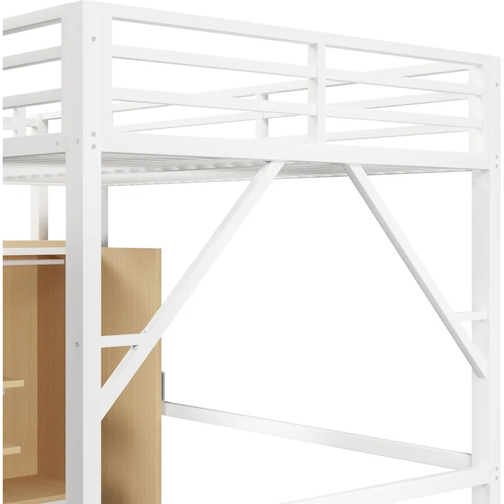 U-life Metall-Hochbett 140x200 cm mit Kleiderschrank, Staufächern, Treppe und LED-Beleuchtung, Weiß – Bild 8