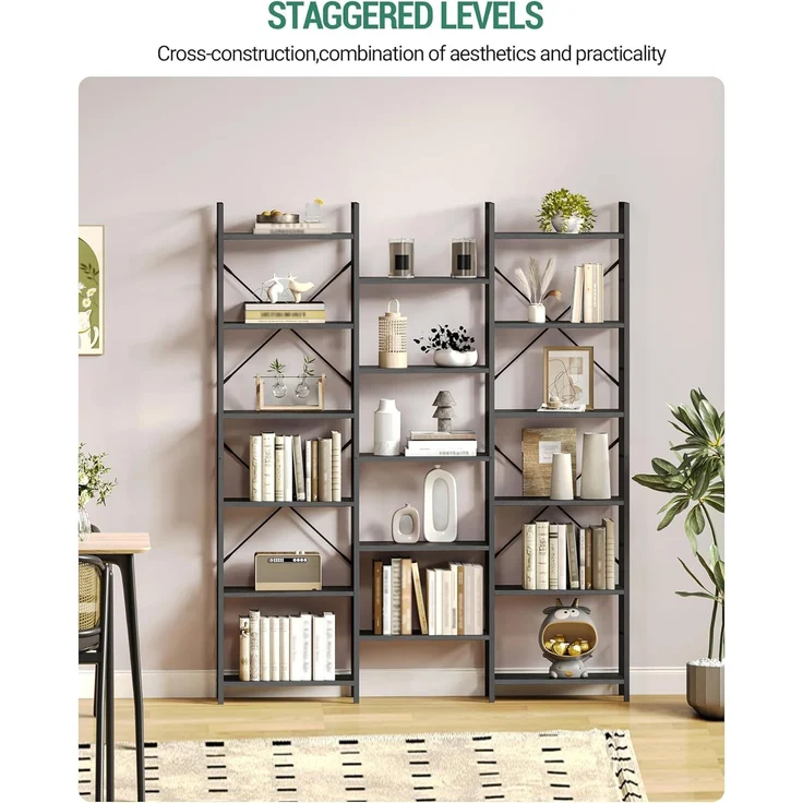 Bücherregale, Standregale, Regal mit 17 Fachböden, 6 Etagen, Verstellbarer Abstand, 24 x 152 x 186 cm, Tragfähigkeit 340 kg, Wohnzimmer, Büro, Schwarz mit Holzmaserung – Bild 3