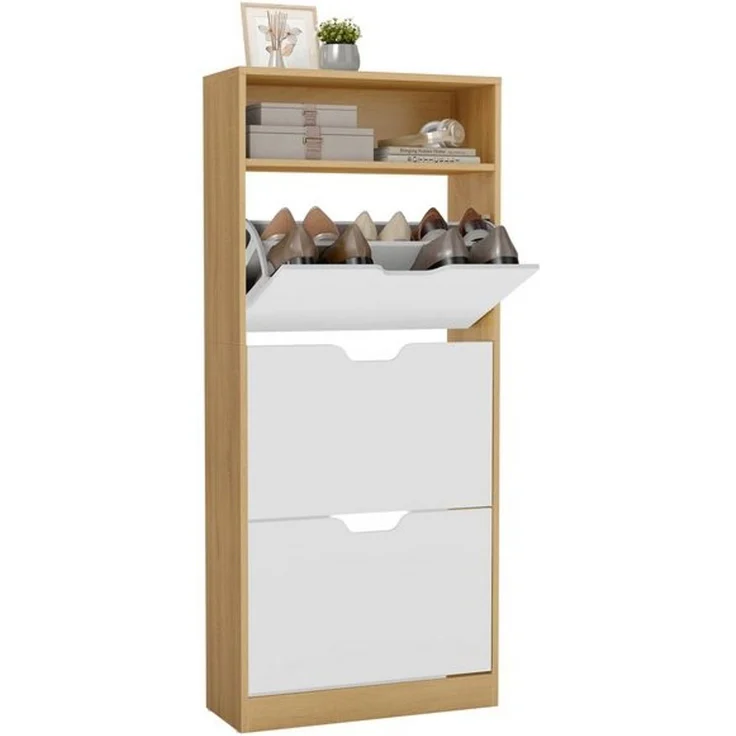 VASAGLE Schuhregal 3 Klappen, mit verstellbarer Trennwand, Schuhaufbewahrung, offenes Fach, 24 x 60 x 139 cm, eichenfarben-weiß – Bild 1