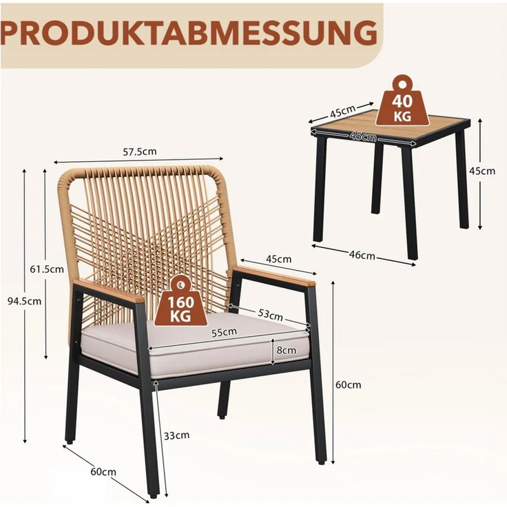 TLGREEN Gartenstuhl Eisen-Rattan Gartensessel,verbreiterter Sitz, (Gartenmöbel-Set,Zwei Stühle und ein Beistelltisch, 3 St), 160 kg Belastbar für Terrasse, Garten und Veranda – Bild 3