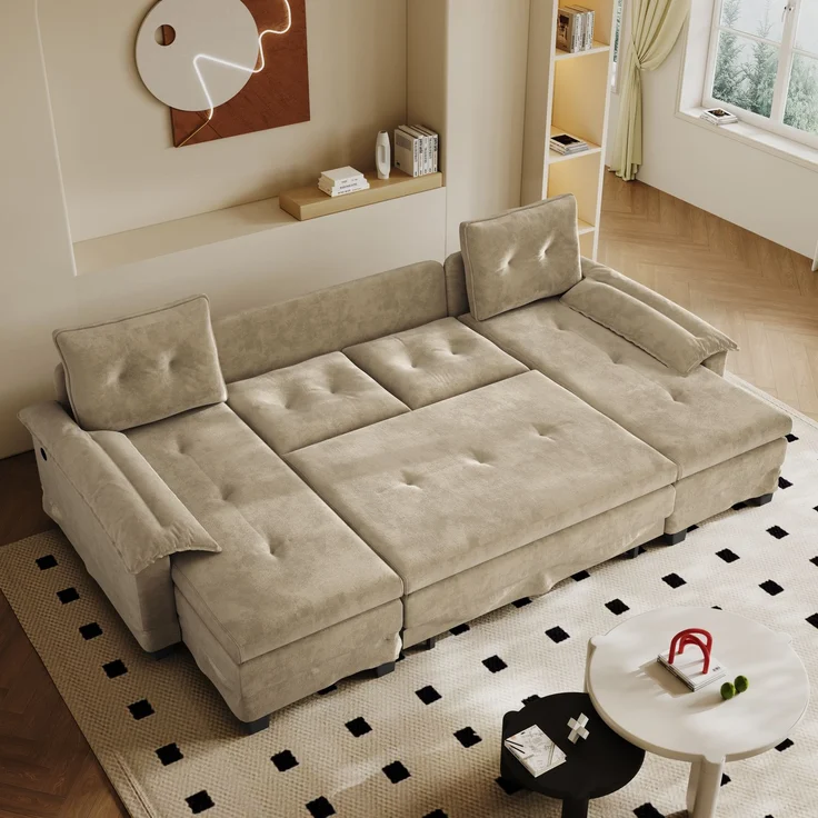 ZUBALIYA Schlafsofa 127x87 cm, mit USB - Anschluss, mit Ausziehbett, mit Chenille - Bezug, mit Samtbezug, modular aufgebaut, Weiß – Bild 14