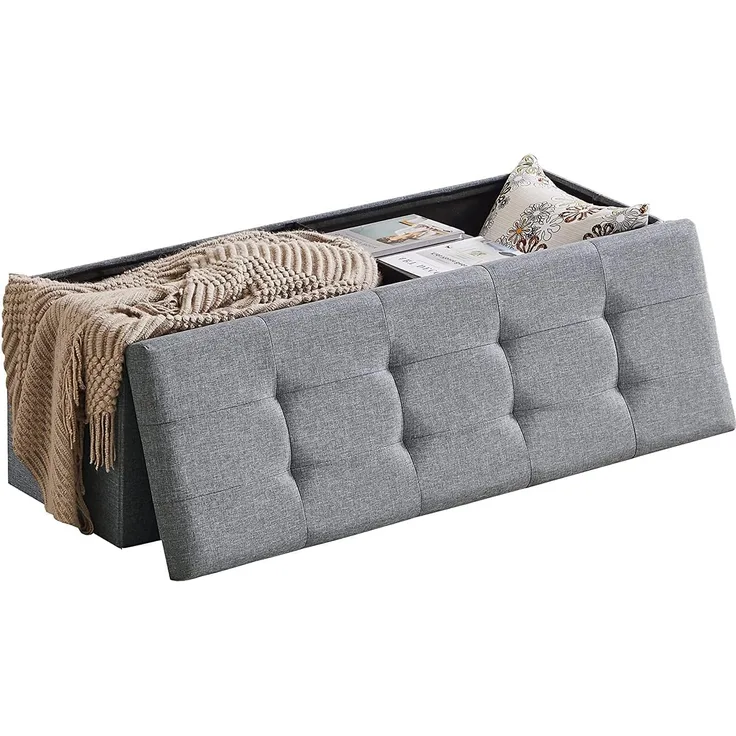 Zedelmaier Sitzbank mit Stauraum Sitzhocker Faltbar Truhen, Deckel Abnehmbar, 114 x 38 x 38 cm (Hellgrau - Leinen)