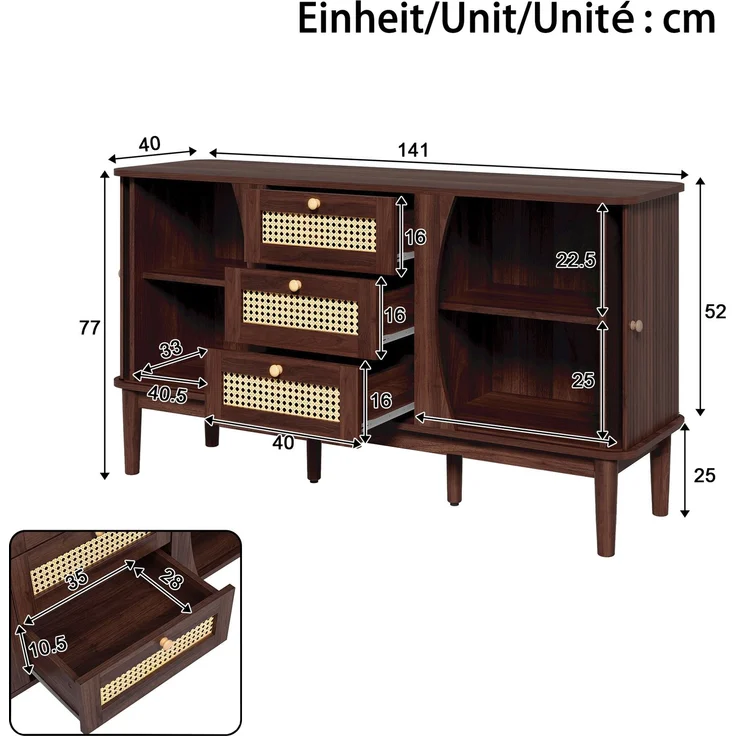 Sideboard 141 x 40 x 77 cm aus MDF mit Rattanschubladen und Schiebetüren – Bild 3