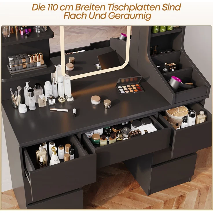 Devoko Schminktisch mit LED-Spiegel, Schubladen, Ablagefächer, Touch-Bedienung, Holzwerkstoff / Glas, Schwarz, 110 x 50 x 140 cm – Bild 6