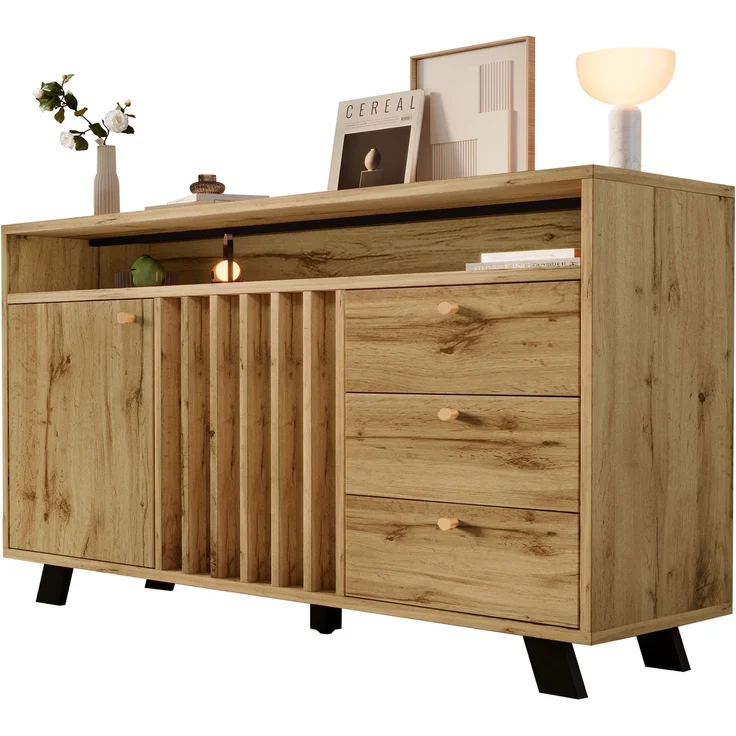 Merax Sideboard Kommode mit 3 Schubladen und 2 Türen Stauraumschrank mit offenem Fach und Lamellenfront im Vintage Stil für Wohnzimmer Esszimmer Flur und Eingangsbereich in dunkler Eiche – Bild 10