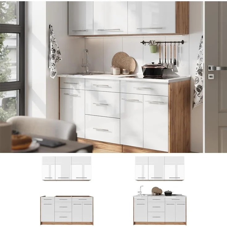 Singleküche Fame-Line Weiß Hochglanz/Goldkraft Eiche 150 cm ohne Arbeitsplatte Vicco – Bild 6
