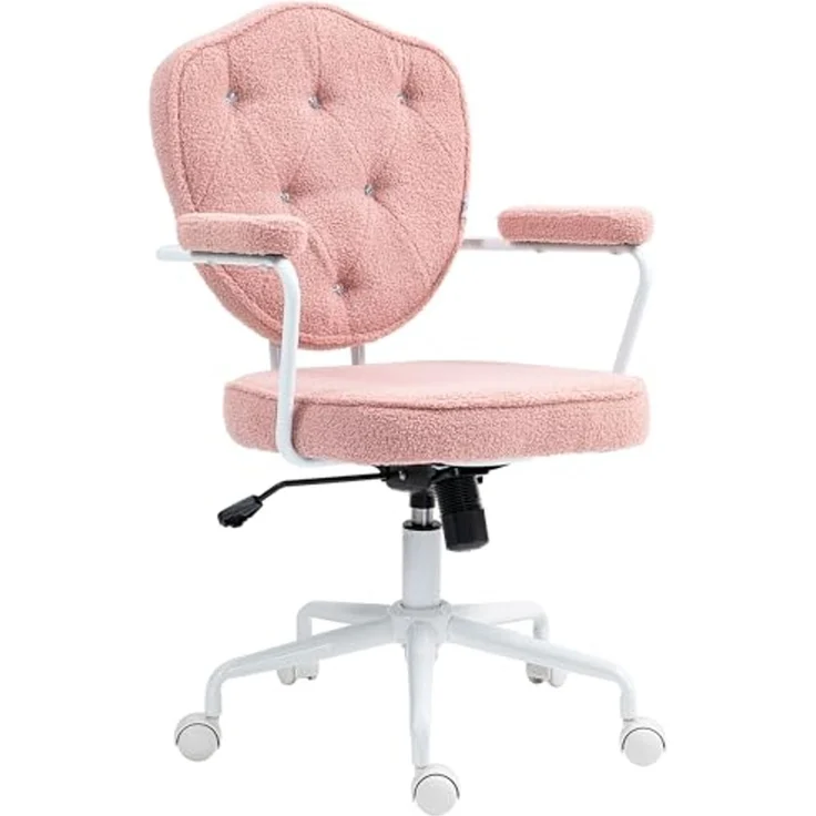 HOMCOM Bürostuhl Ergonomisch Schreibtischstuhl mit Wippfunktion, geknöpftem Bezug (Computerstuhl, 1 St), für Home Office, Teddybärvlies, Rosa – Bild 1