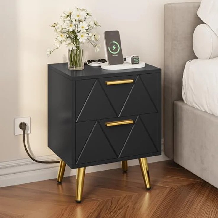 YITAHOME Nachttisch mit 2 Schubladen, 2 USB-Anschlüssen und Steckdosen, Nachtkommode mit Goldenen Metallbeinen und Griffen, Beistelltisch mit Stauraum für Wohnzimmer, Schlafzimmer, 40 x 30 x 52 cm, Schwarz – Bild 2