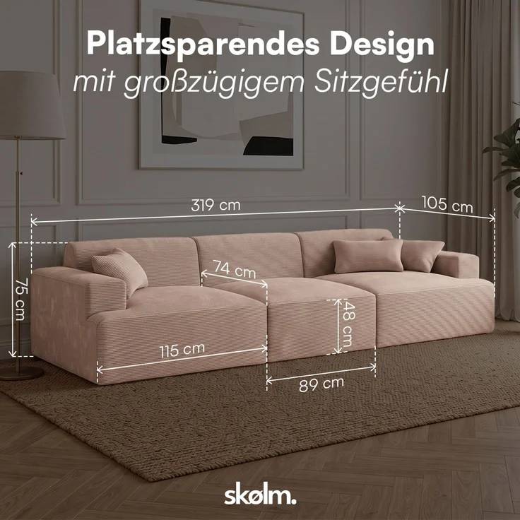 skølm 'Freki' Cloud Sofa 3 Sitzer, Vollschaumcouch mit Federkern und Vakuum-Kompression, kein Aufbau erforderlich, mit 3 Kissen, Cord taupe – Bild 8